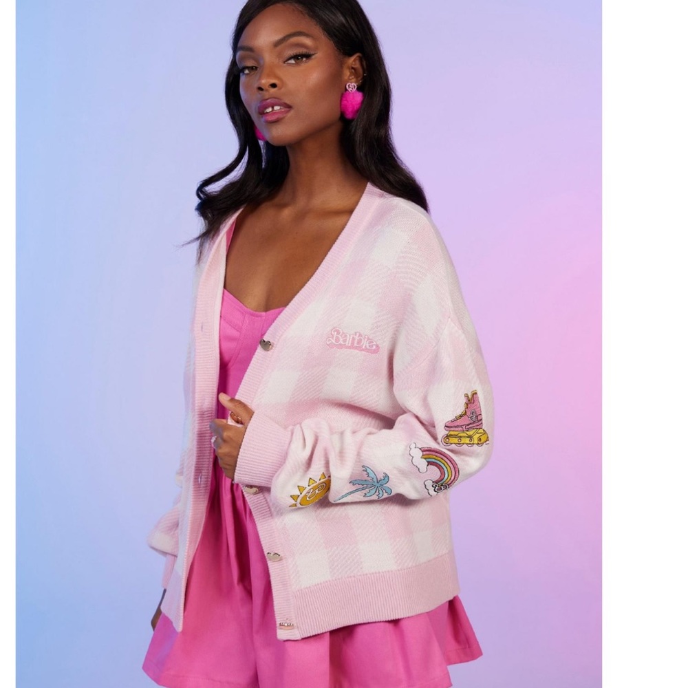 Barbie Pink Plaid Embroidered Cardigan